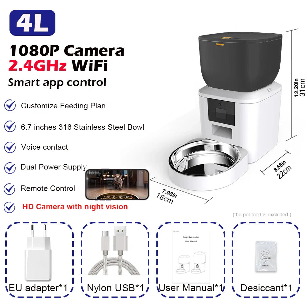 Smart 4L Automatic Pet Feeder with 1080P Camera & Night Vision, App-Controlled Voice Recorder Remote Feeding for Cats & Dogs