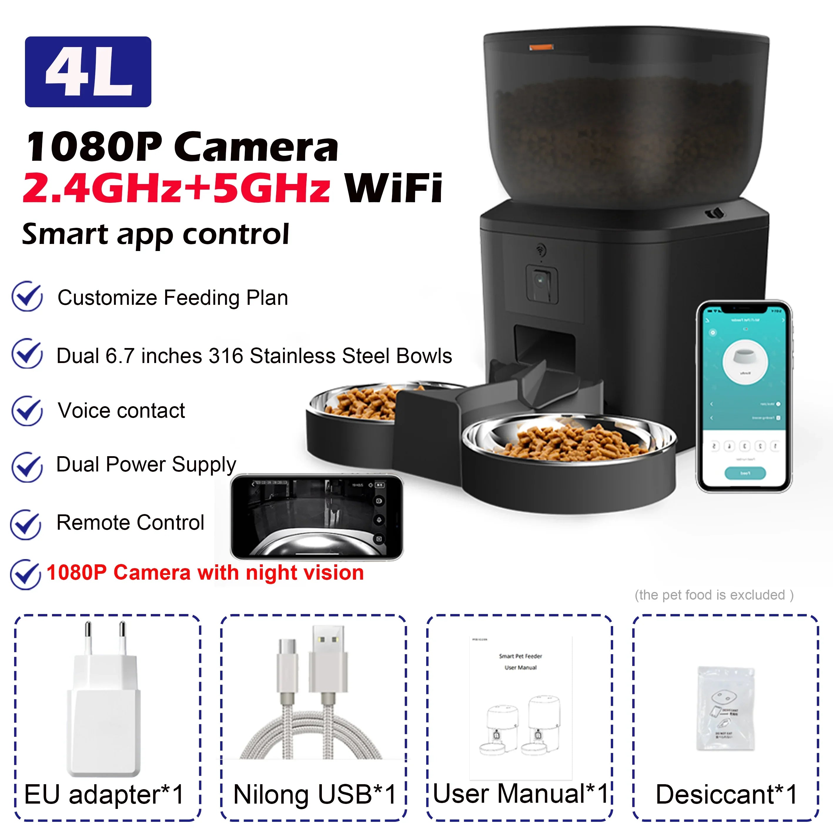 Smart 4L Automatic Pet Feeder with 1080P Camera & Night Vision, App-Controlled Voice Recorder Remote Feeding for Cats & Dogs