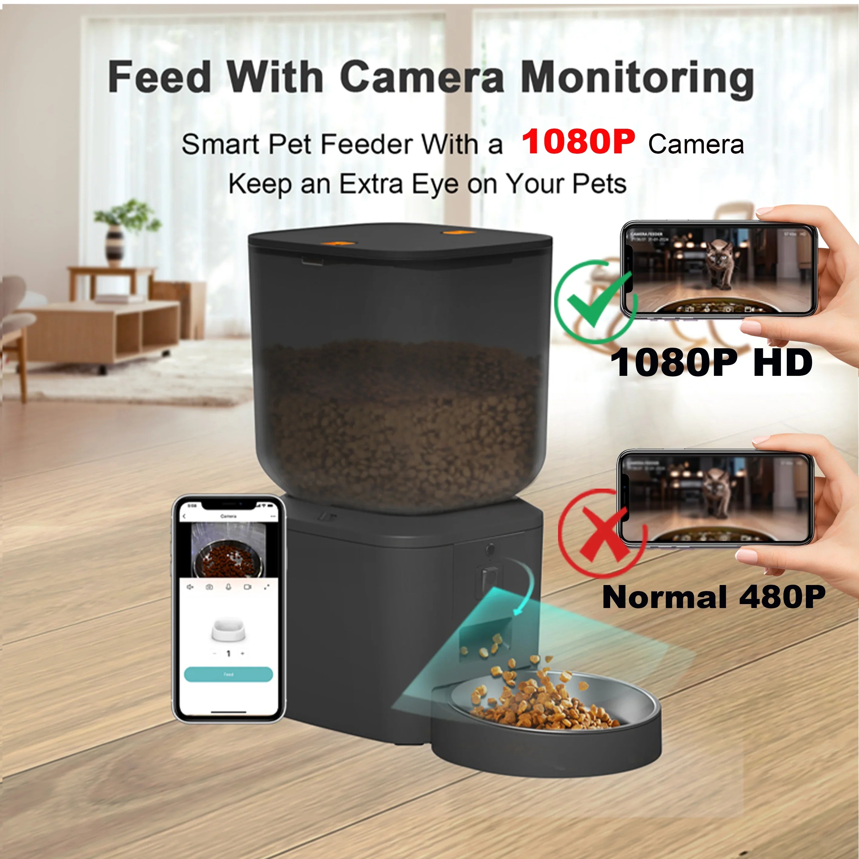 Smart 4L Automatic Pet Feeder with 1080P Camera & Night Vision, App-Controlled Voice Recorder Remote Feeding for Cats & Dogs