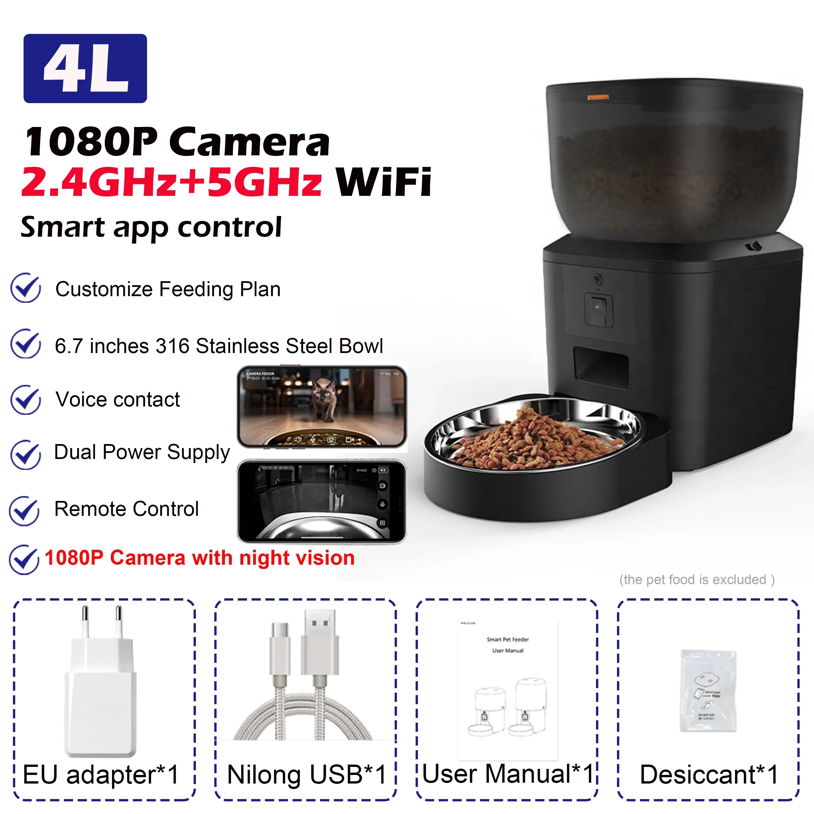 Smart 4L Automatic Pet Feeder with 1080P Camera & Night Vision, App-Controlled Voice Recorder Remote Feeding for Cats & Dogs