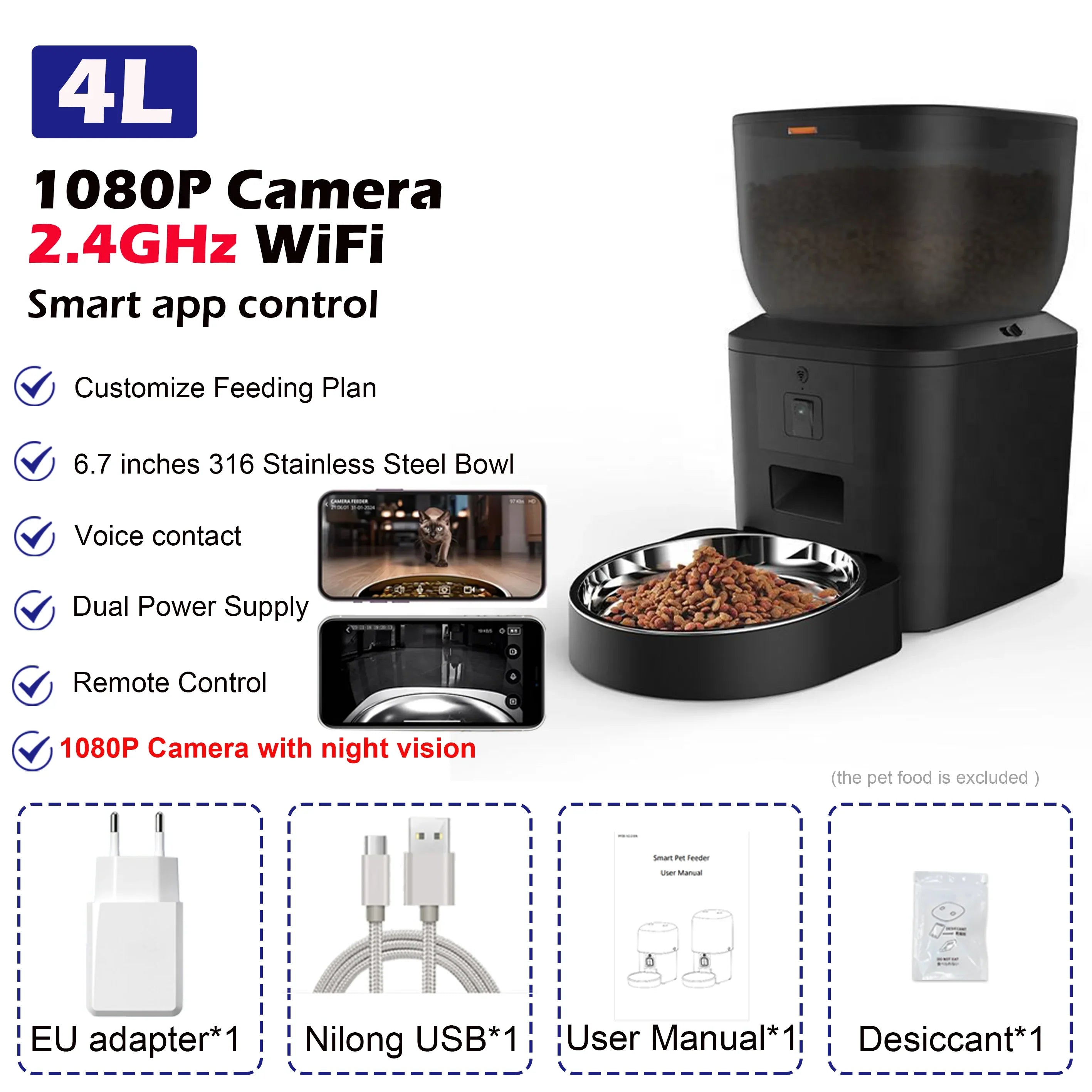 Smart 4L Automatic Pet Feeder with 1080P Camera & Night Vision, App-Controlled Voice Recorder Remote Feeding for Cats & Dogs