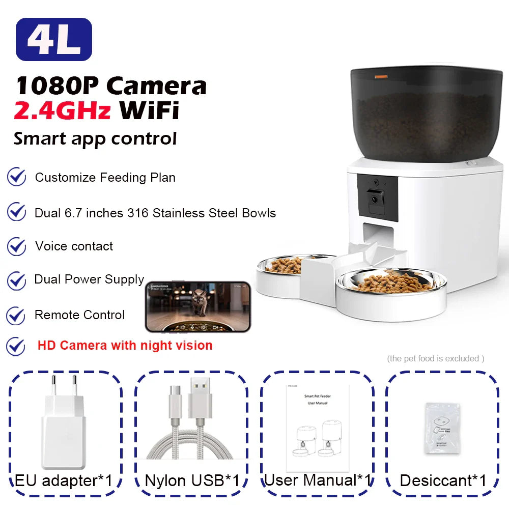 Smart 4L Automatic Pet Feeder with 1080P Camera & Night Vision, App-Controlled Voice Recorder Remote Feeding for Cats & Dogs