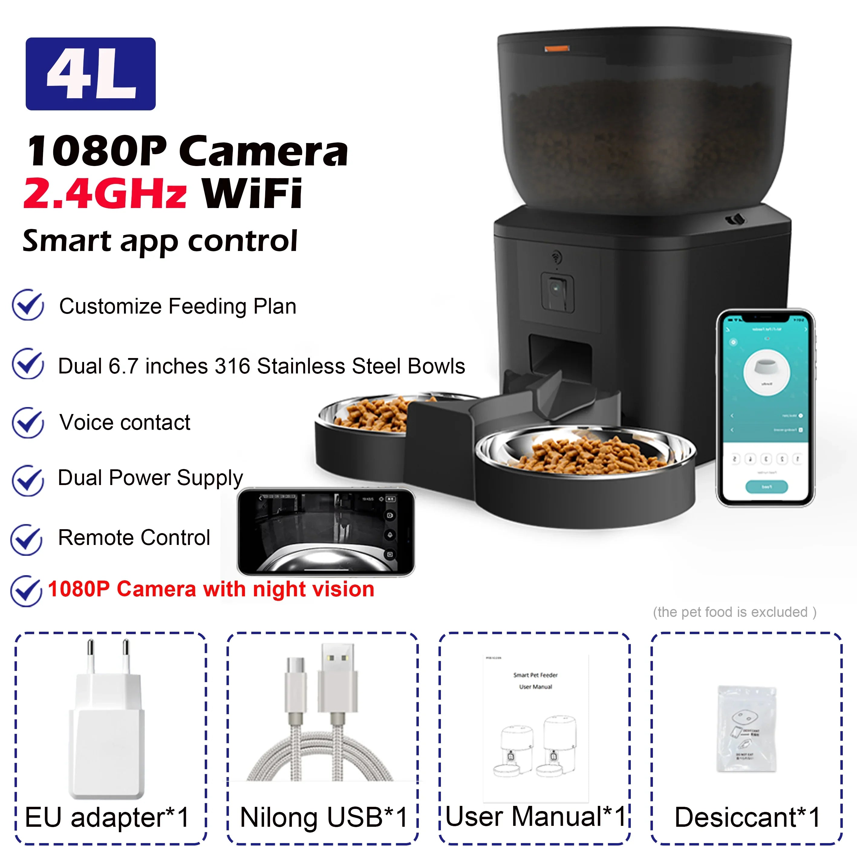 Smart 4L Automatic Pet Feeder with 1080P Camera & Night Vision, App-Controlled Voice Recorder Remote Feeding for Cats & Dogs
